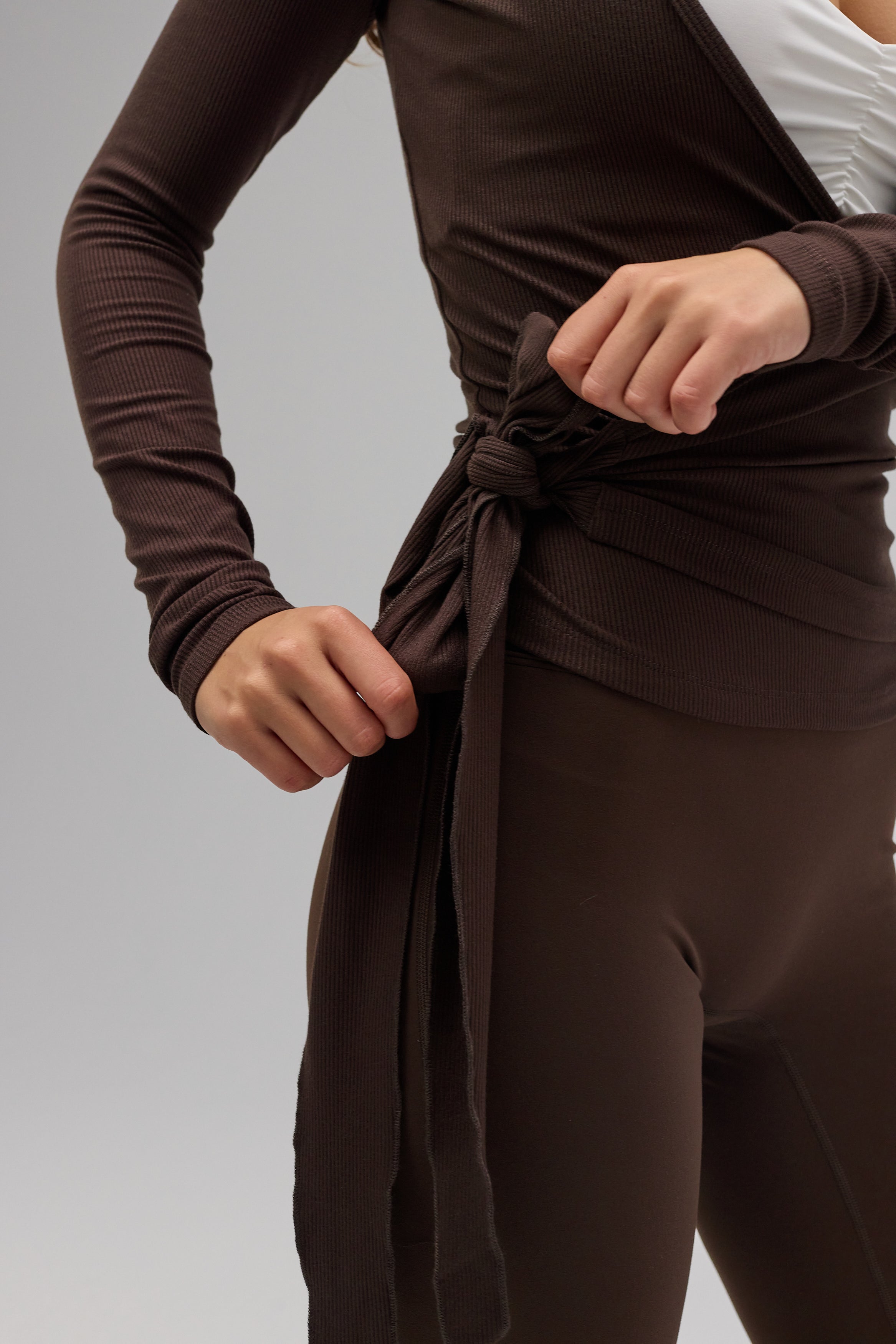 Rib Ballet Wrap Blouse - Pecan Brown