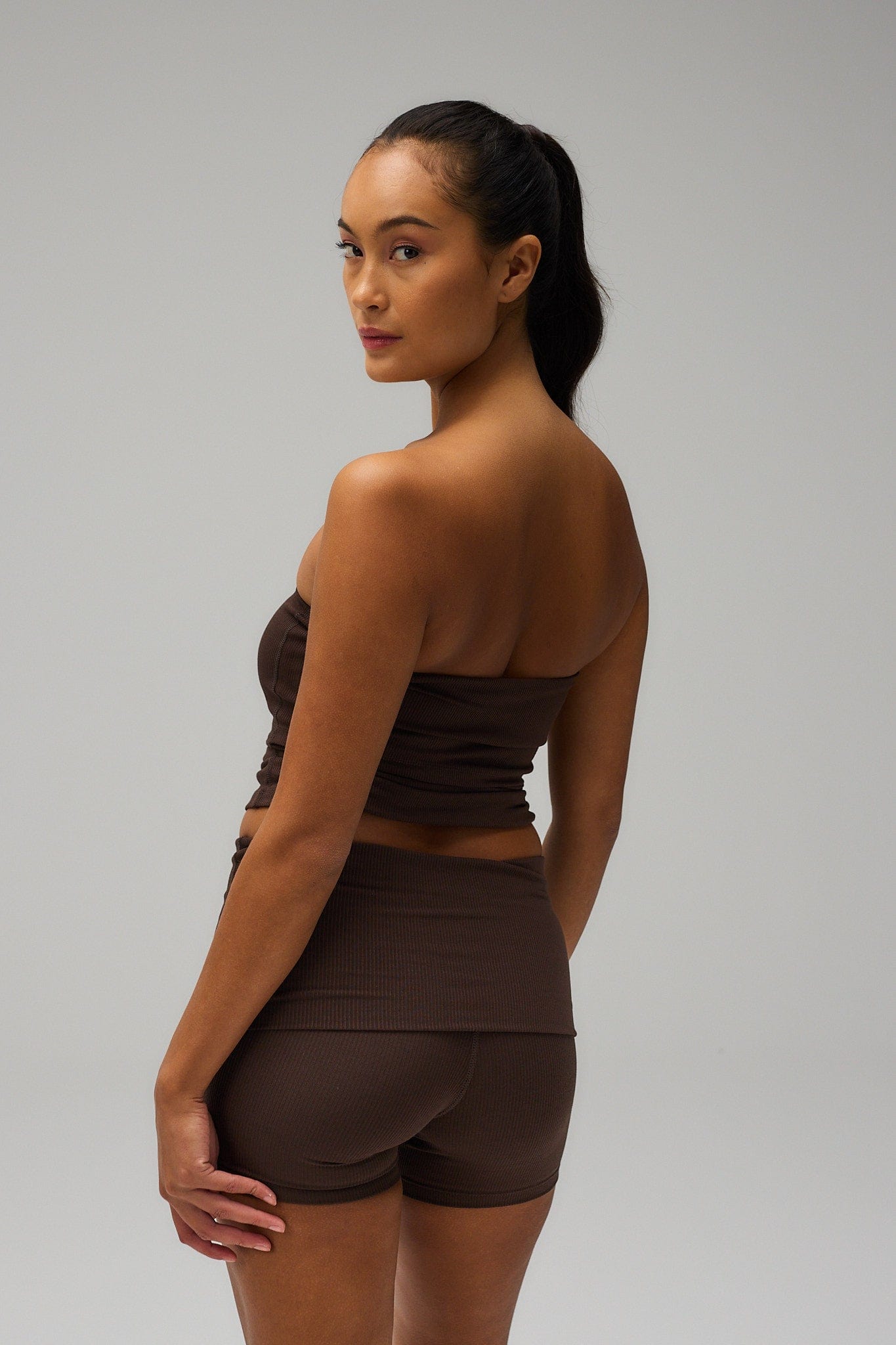 Rib Fold Over Shorts - Pecan Brown